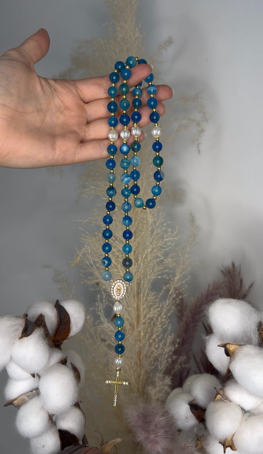 Chapelet Perles d'Agate Bleue